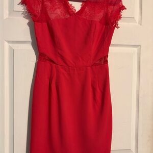 BCBGMaxAzria Red Lace-Trim Midi Sheath Dress